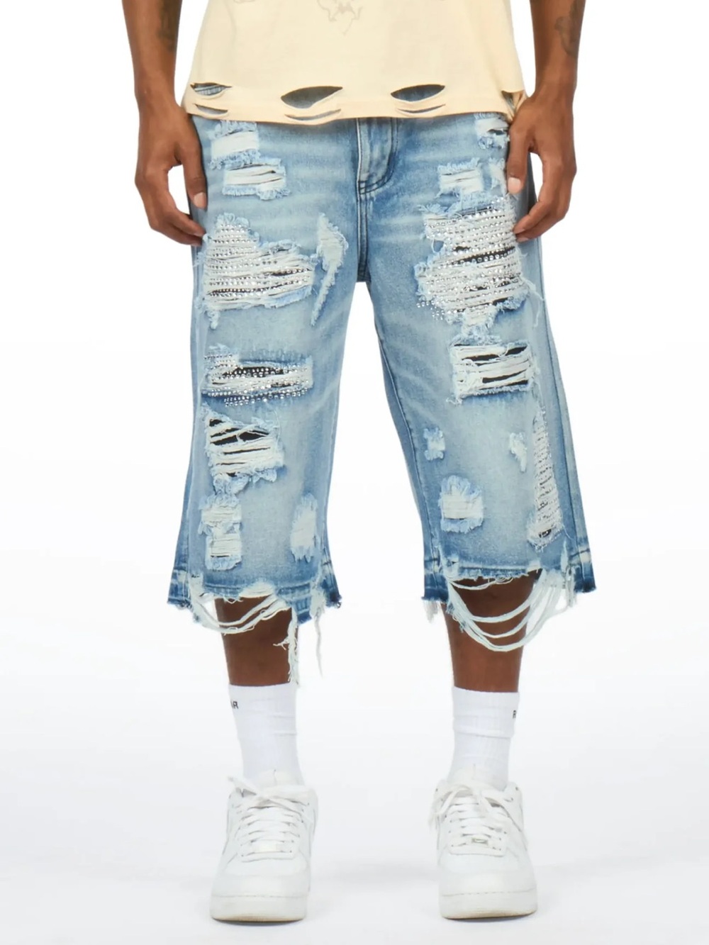 NWT ROCKSTAR original Mathey Light Blue Men's Rhinestone Jort - Size 34